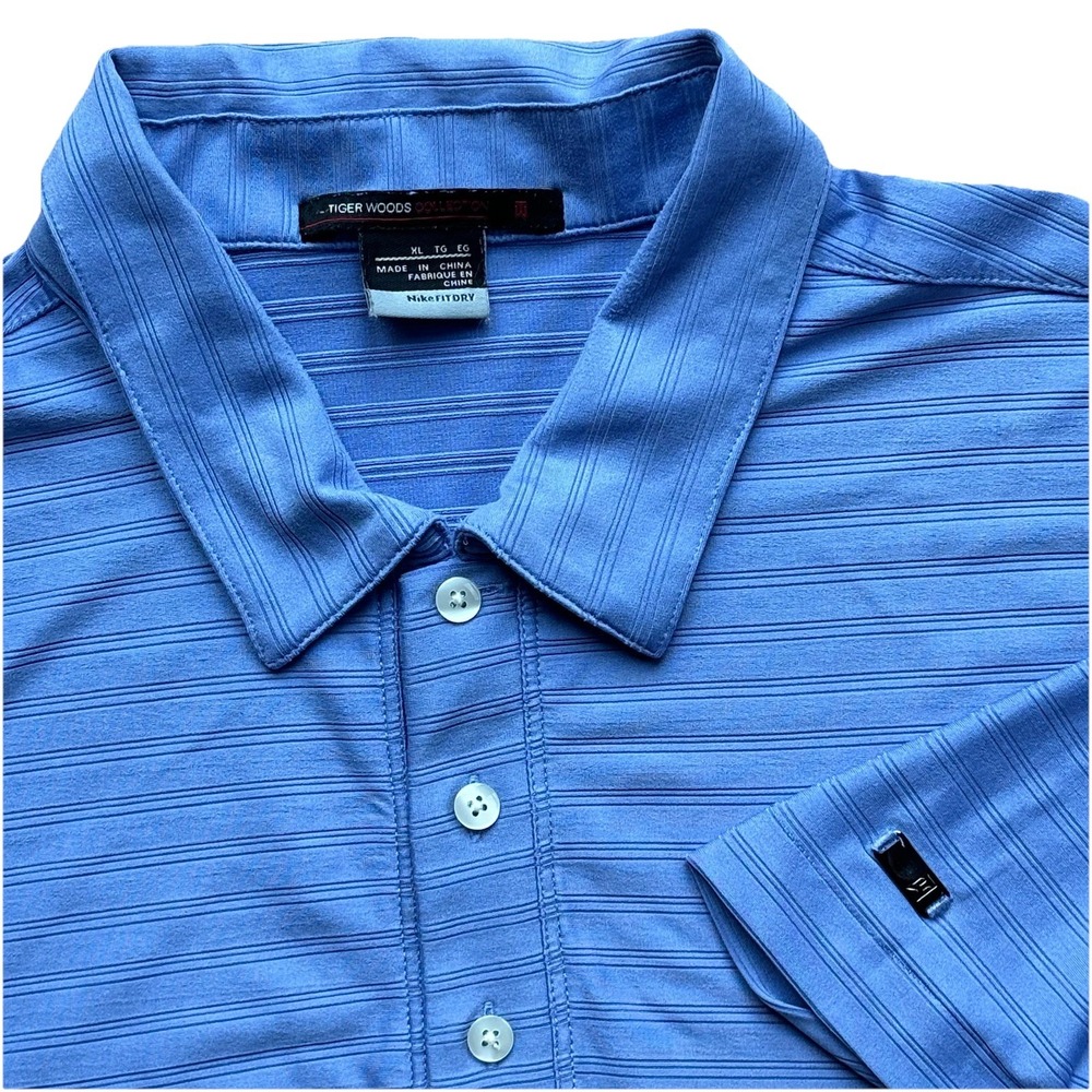 Nike Golf Tiger‎ Woods Collection XL Polo Blue Striped Shirt Dri-Fit Mens
